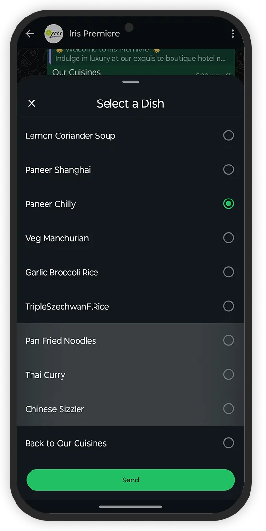 Hotel Iris Premier WhatsApp Chatbot Screenshot 1