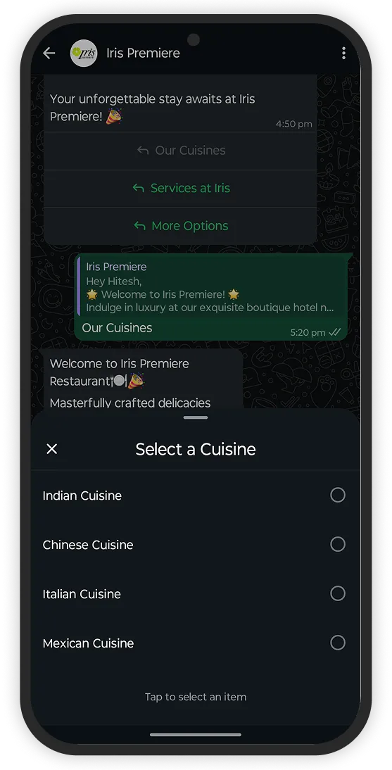 Hotel Iris Premier WhatsApp Chatbot Screenshot 2