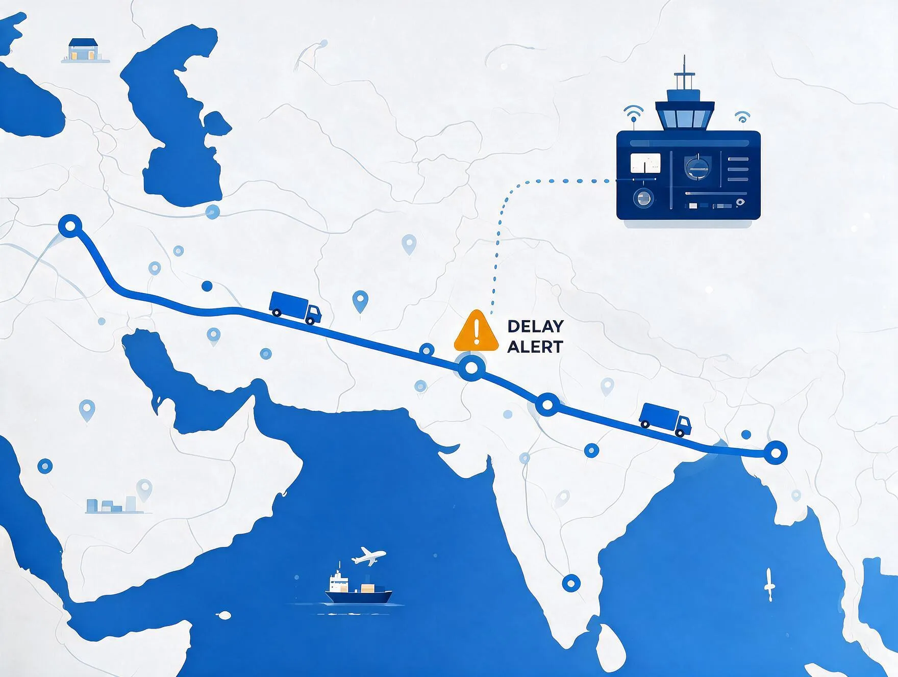 Delivery route map showing trucks, ships and planes in transit, a delay alert flagged mid-route, and the alert flowing to a control-tower dashboard