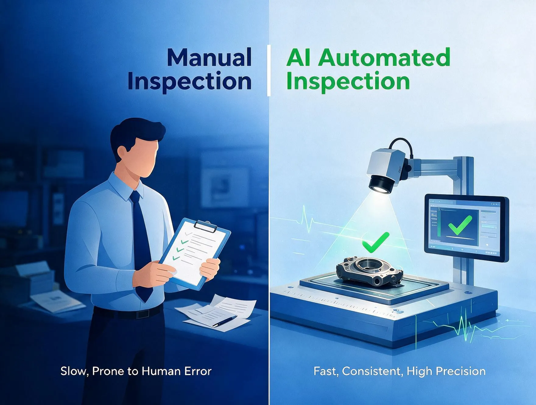 Comparison of manual clipboard quality inspection, slow and prone to human error, versus AI automated computer-vision inspection, fast, consistent and high precision
